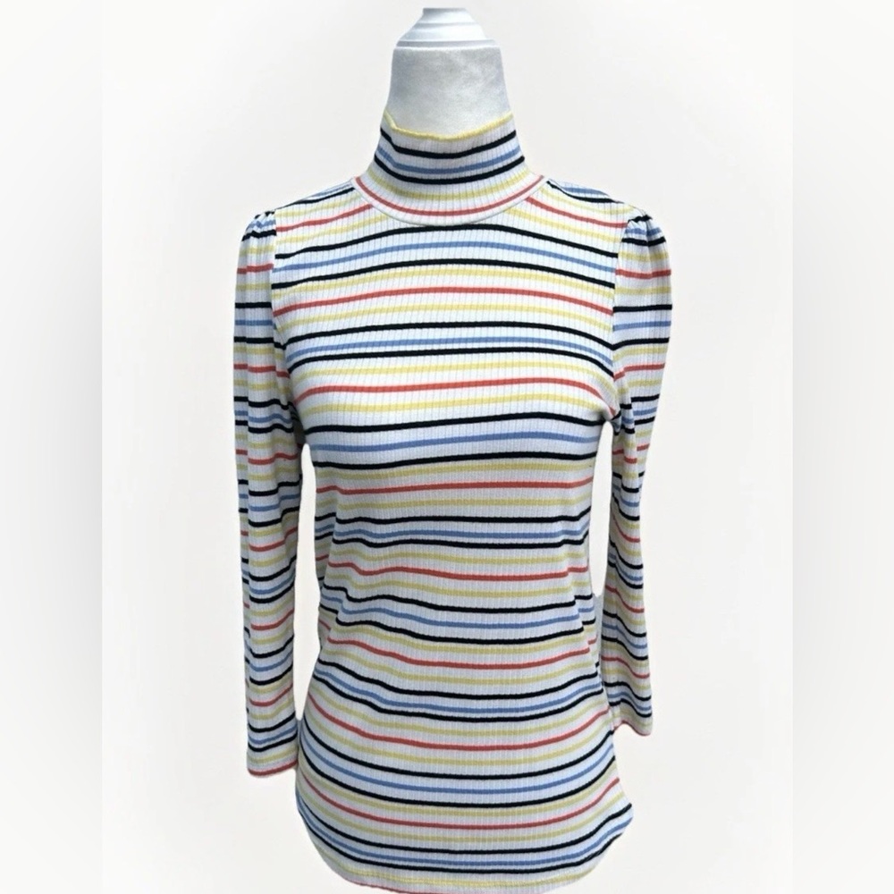 Free People Sweater Striped Rib Knit Turtleneck Puff Sleeves Women M Multi Boho